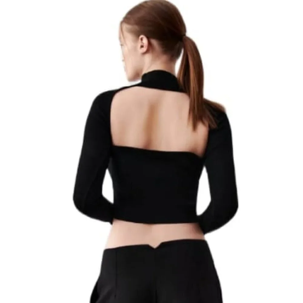 ZARA KNIT HIGH-NECK TOP WITH CUT-OUT DETAIL BLACK | 3519/013 SIZE S